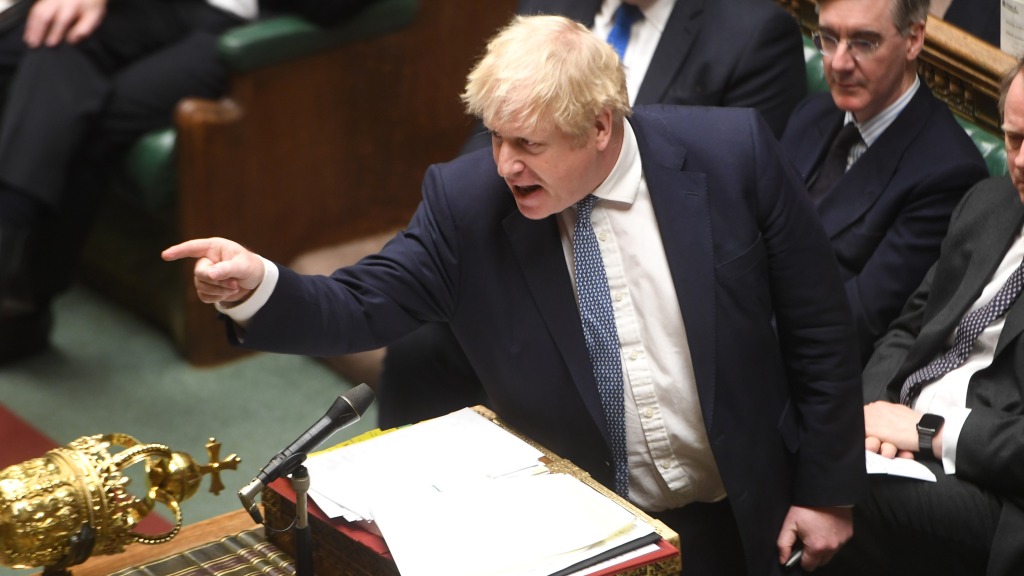 Boris Johnson in Parliament pointing during Jimmy Savile slur